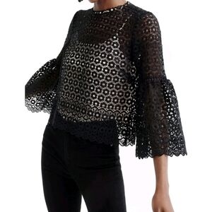 J Crew Elegant Black Eyelet Daisylace Bell Sleeve Top Size 0